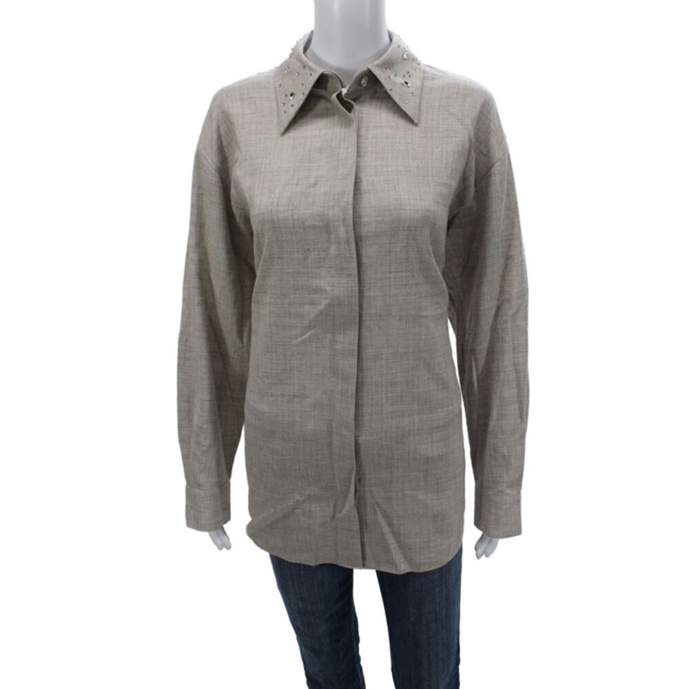 Lafayette 148 New York Women Button-Up Beige Wool Silk Long Sleeve Size M